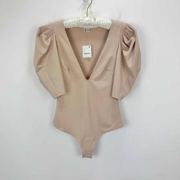 Free People VaVa Voom Bodysuit Taupe Puff Sleeve Basics Stretch Deep V XS NWT - Picture 4 of 11